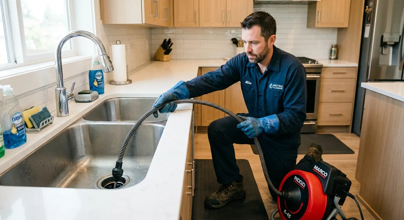 Drain cleaning technician using a motorized snake on a kitchen sink in Kirtland