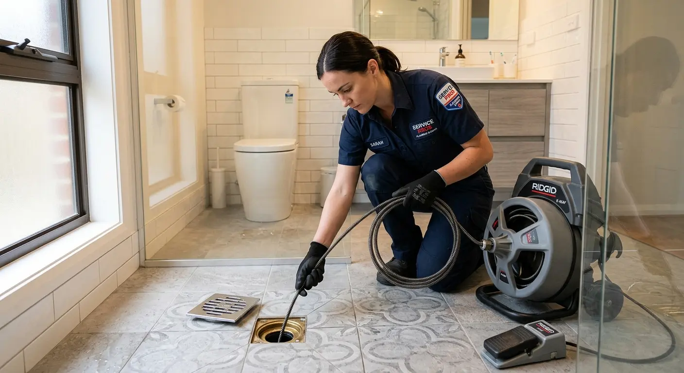 Technician clearing a bathroom floor drain for Sewer Line Replacement in Kirtland